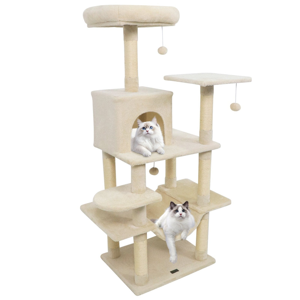 58 Inch Cat Tree with 15.5 Inch Upholstered Top Perch, Condo and Hammock, Beige
