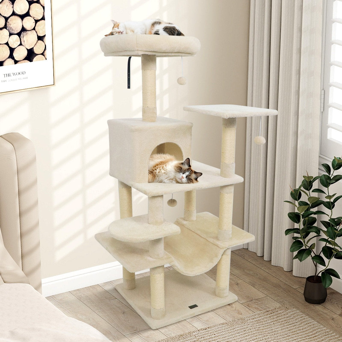 58 Inch Cat Tree with 15.5 Inch Upholstered Top Perch, Condo and Hammock, Beige