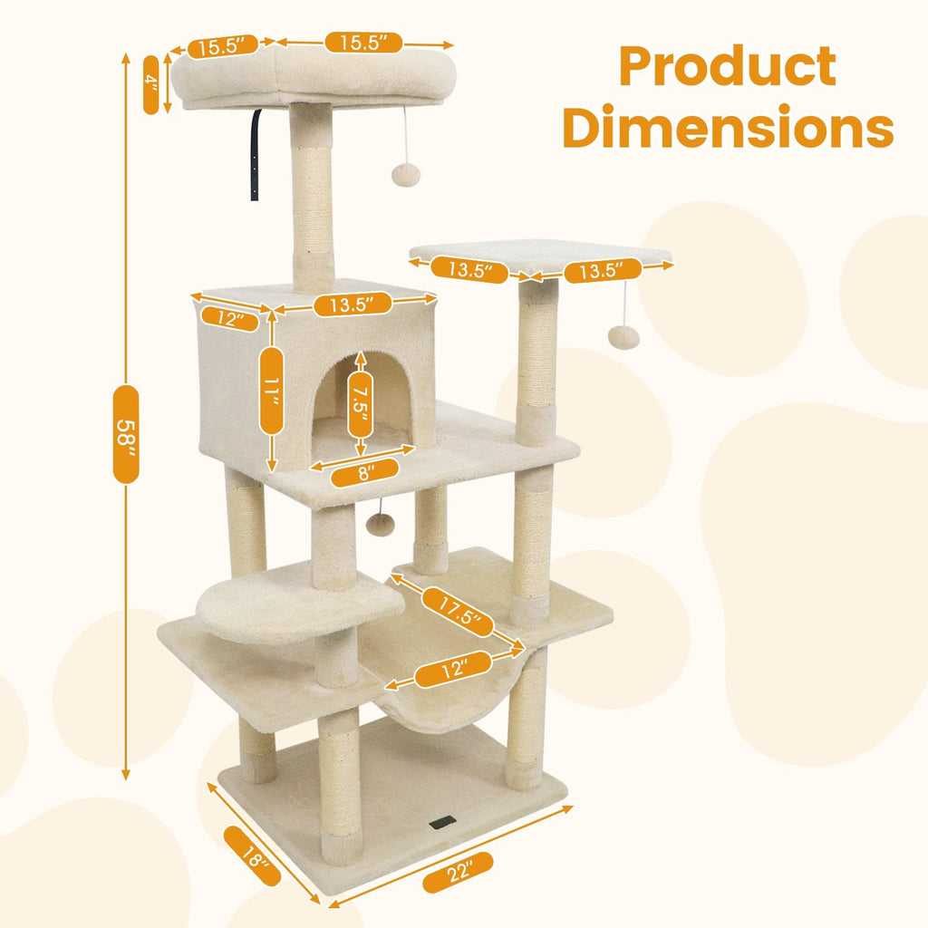 58 Inch Cat Tree with 15.5 Inch Upholstered Top Perch, Condo and Hammock, Beige