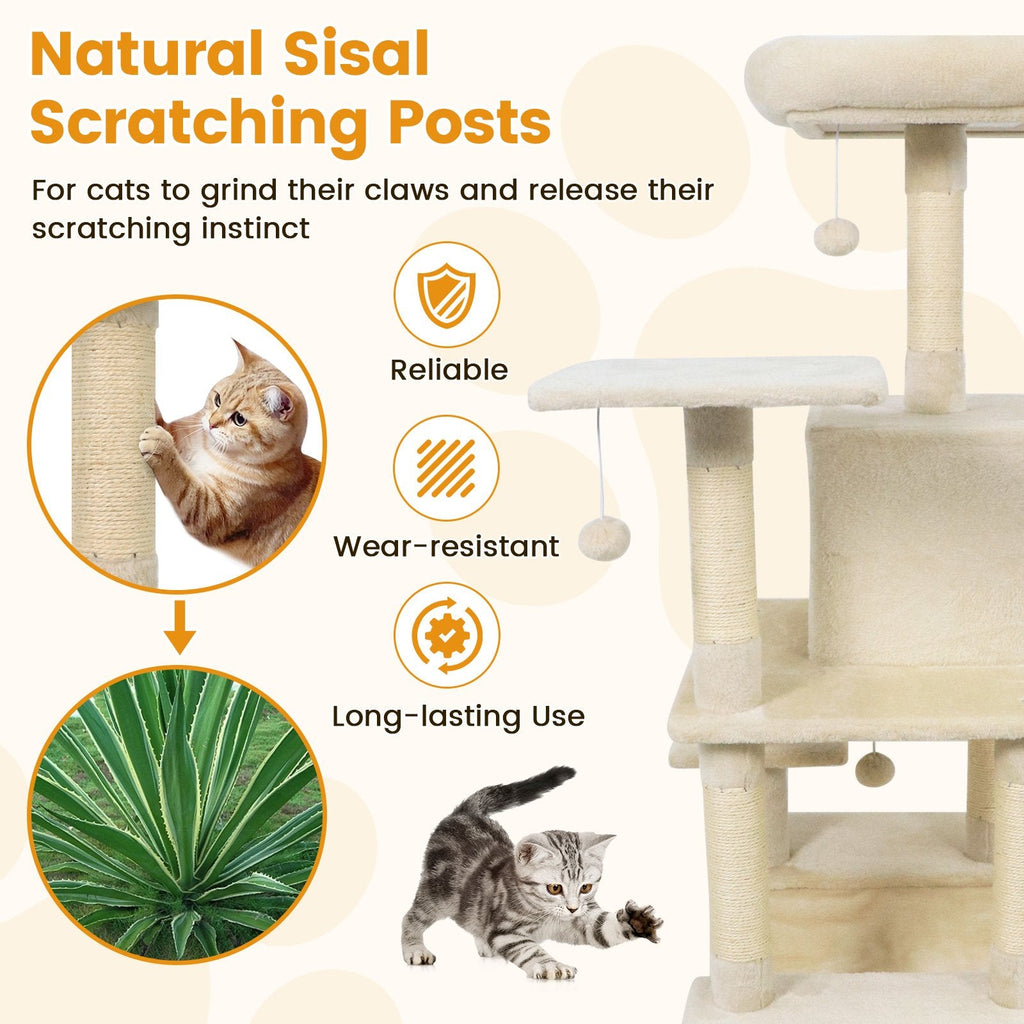 58 Inch Cat Tree with 15.5 Inch Upholstered Top Perch, Condo and Hammock, Beige