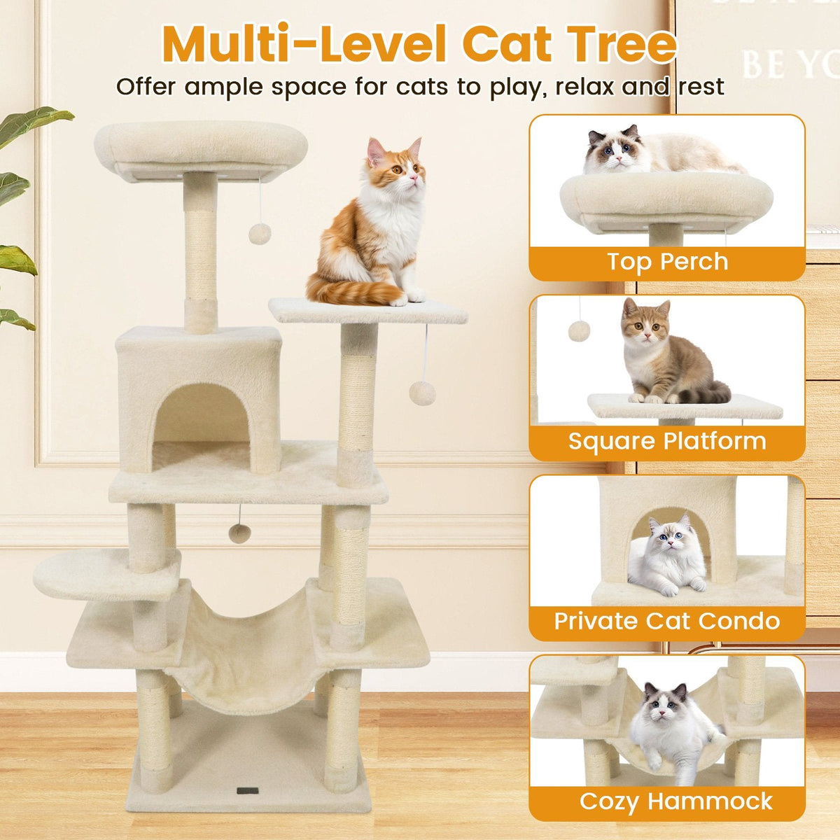 58 Inch Cat Tree with 15.5 Inch Upholstered Top Perch, Condo and Hammock, Beige