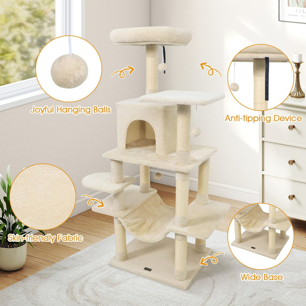 58 Inch Cat Tree with 15.5 Inch Upholstered Top Perch, Condo and Hammock, Beige