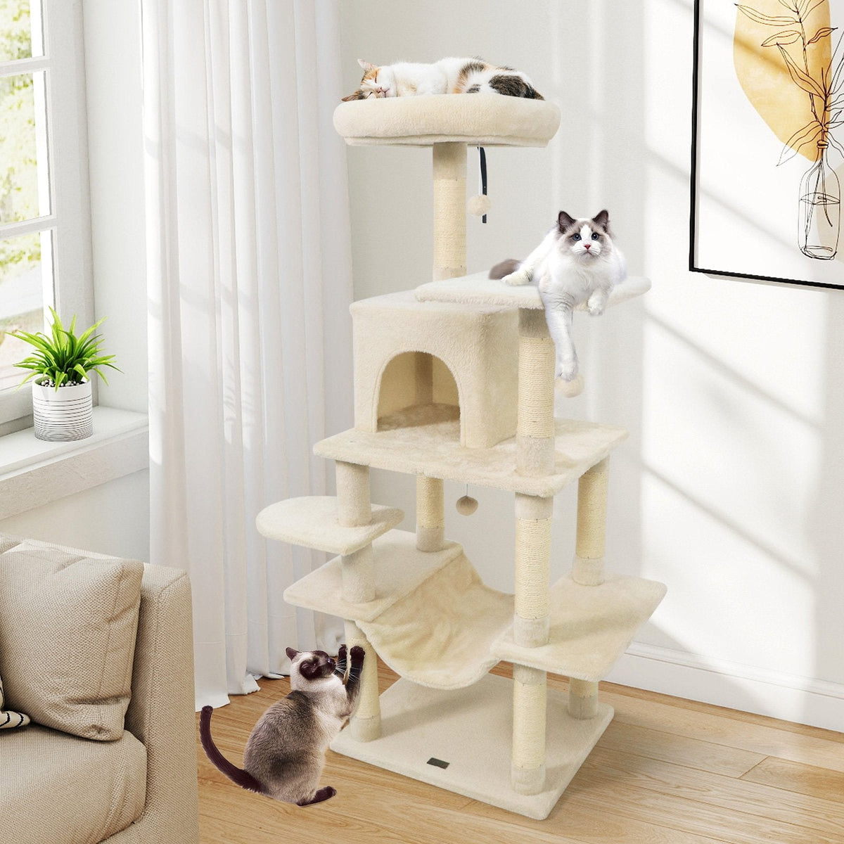 58 Inch Cat Tree with 15.5 Inch Upholstered Top Perch, Condo and Hammock, Beige