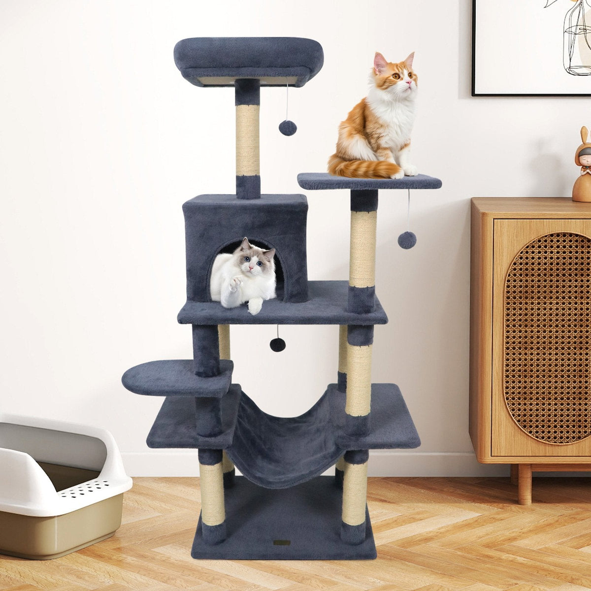 58 Inch Grey Cat Tree with Deep Upholstered Perch, Private Condo and Slung Hammock