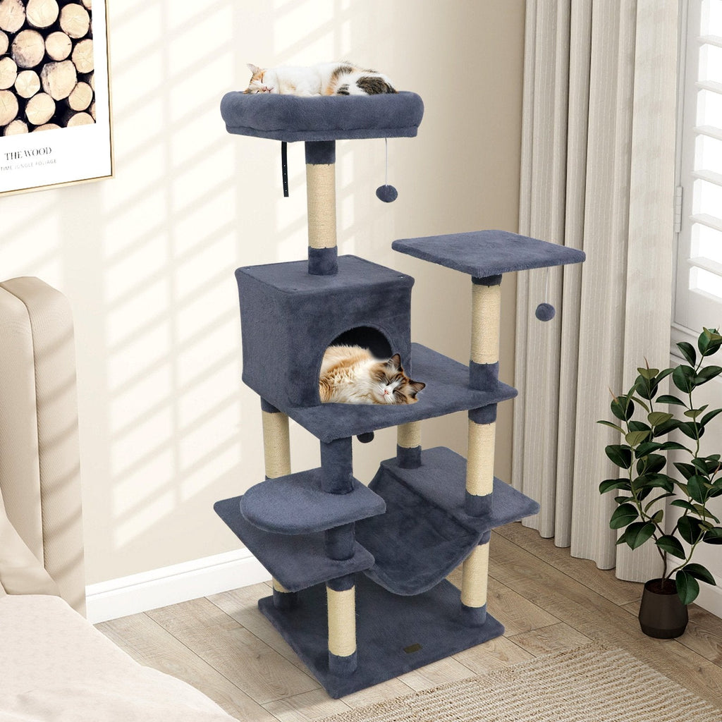 58 Inch Grey Cat Tree with Deep Upholstered Perch, Private Condo and Slung Hammock