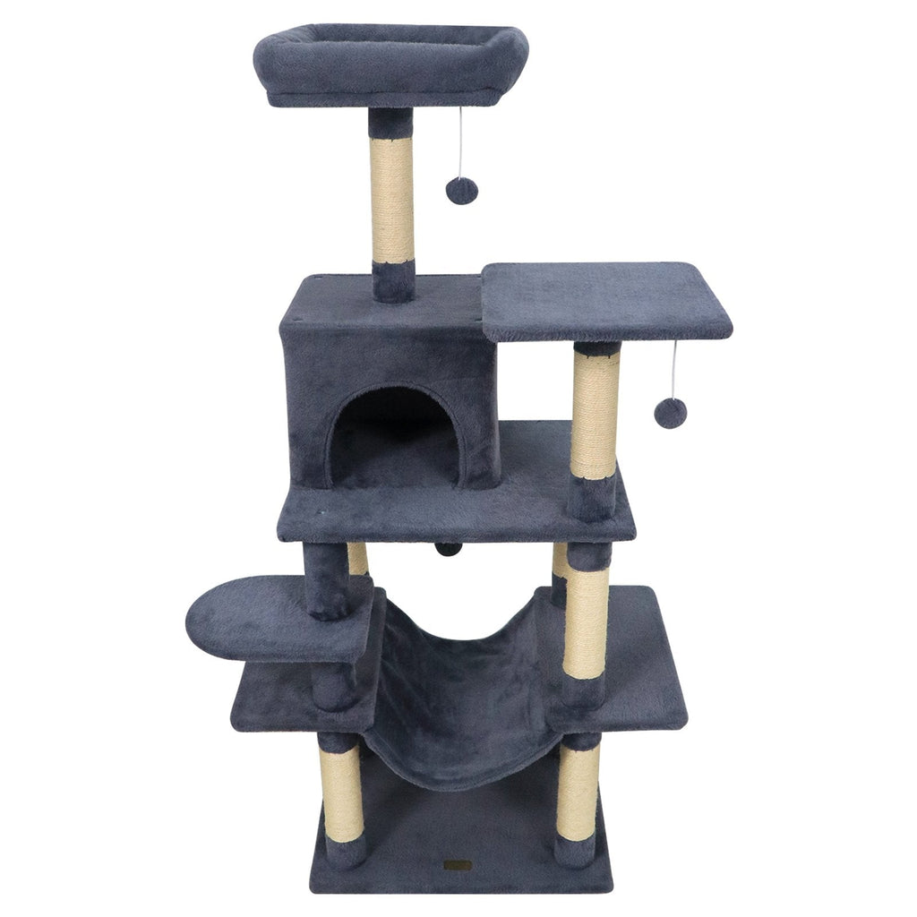 58 Inch Grey Cat Tree with Deep Upholstered Perch, Private Condo and Slung Hammock