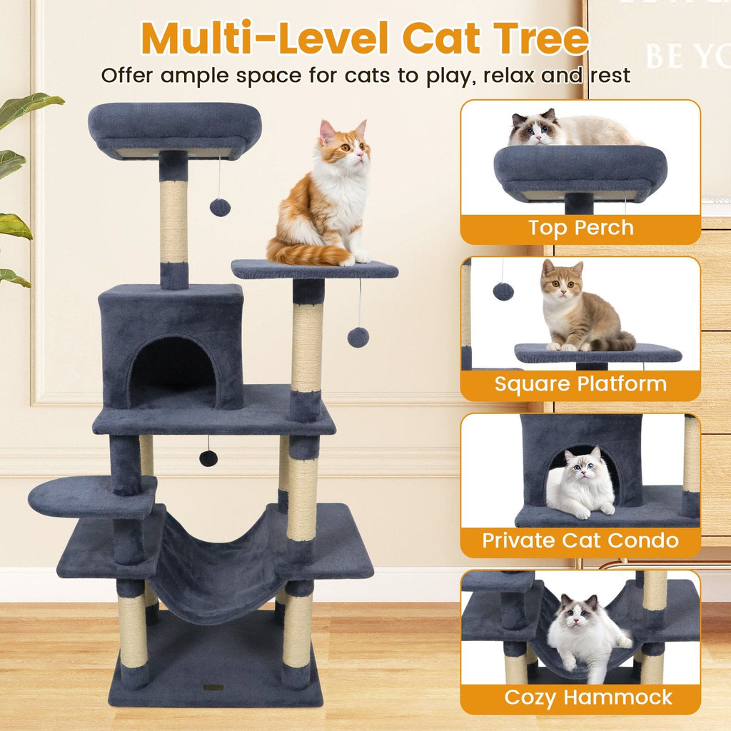 58 Inch Grey Cat Tree with Deep Upholstered Perch, Private Condo and Slung Hammock