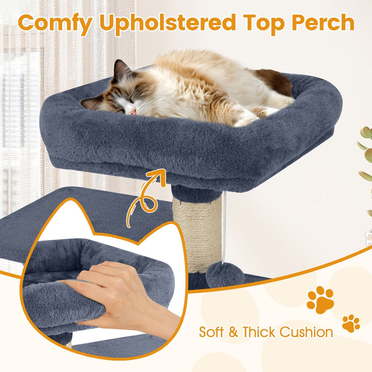 58 Inch Grey Cat Tree with Deep Upholstered Perch, Private Condo and Slung Hammock