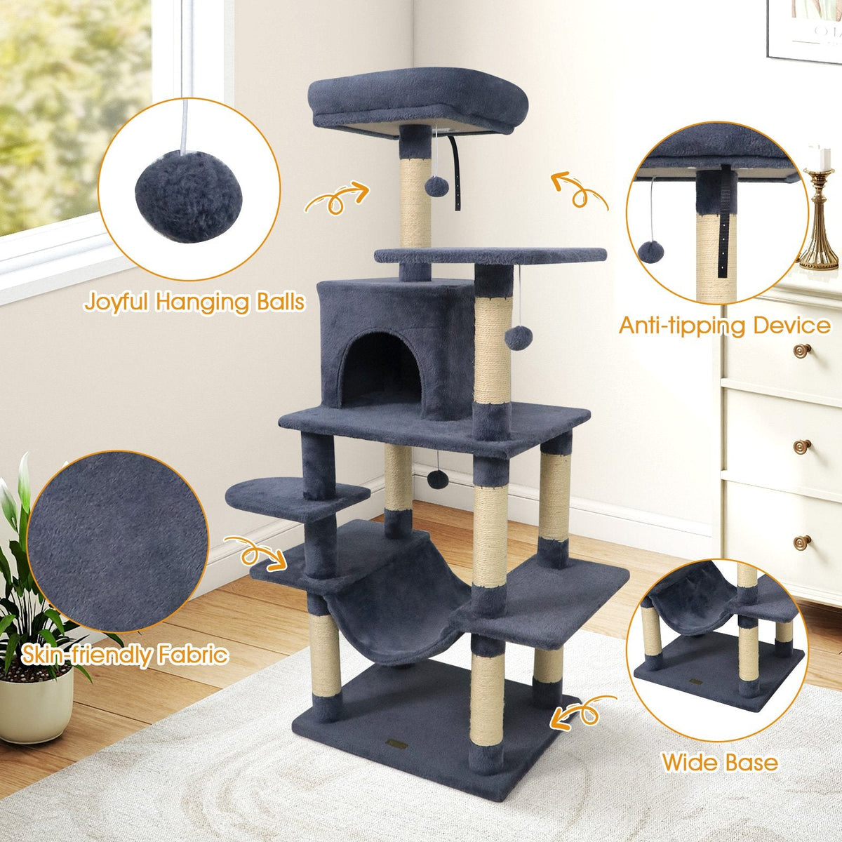 58 Inch Grey Cat Tree with Deep Upholstered Perch, Private Condo and Slung Hammock