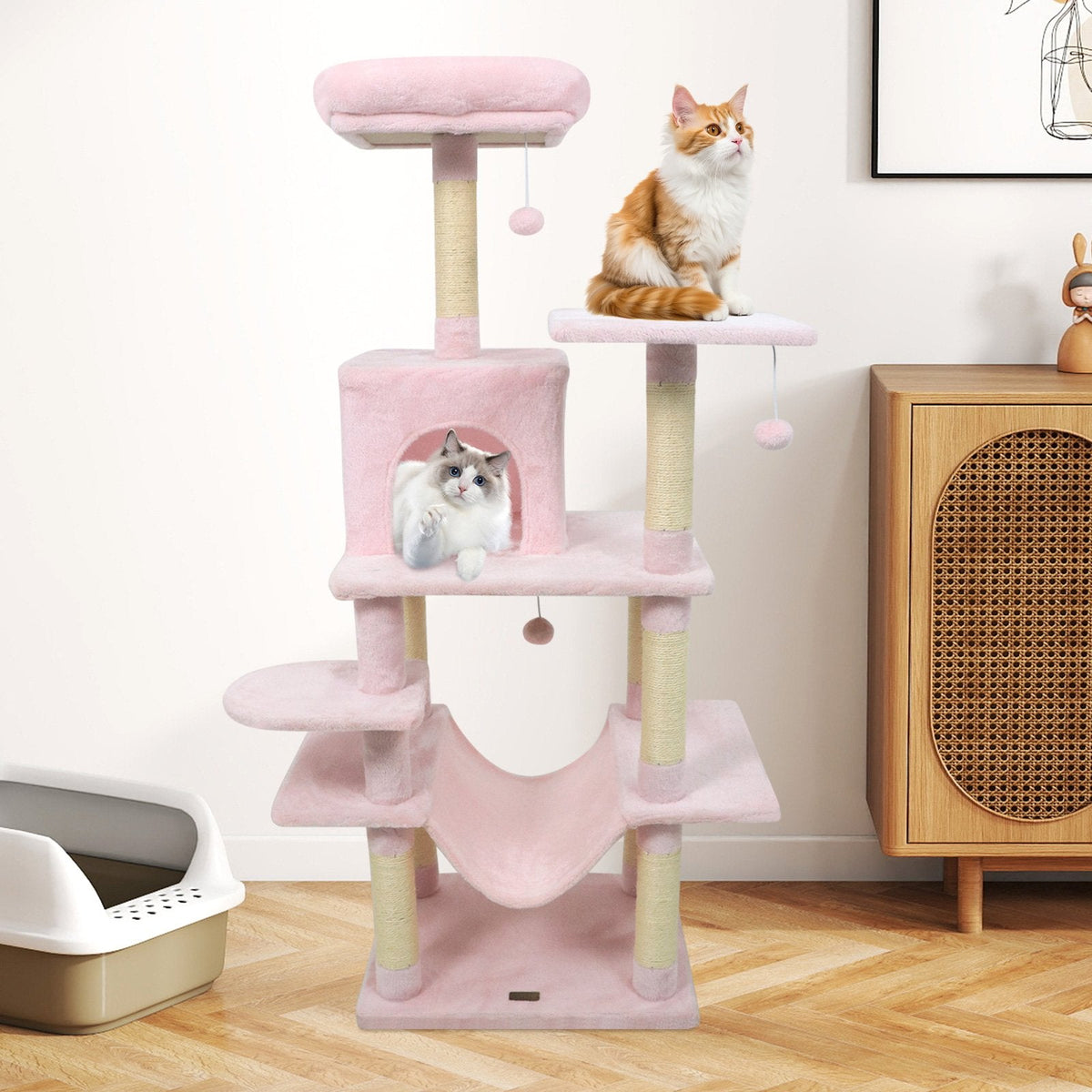 58 Inch Pink Cat Tree with Upholstered Top Perch, Condo and 17.5 Inch Hammock