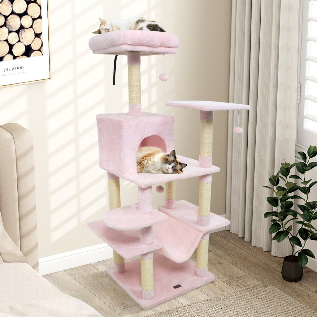 58 Inch Pink Cat Tree with Upholstered Top Perch, Condo and 17.5 Inch Hammock