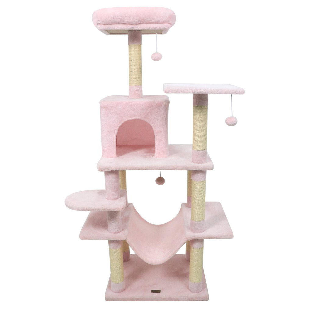 58 Inch Pink Cat Tree with Upholstered Top Perch, Condo and 17.5 Inch Hammock