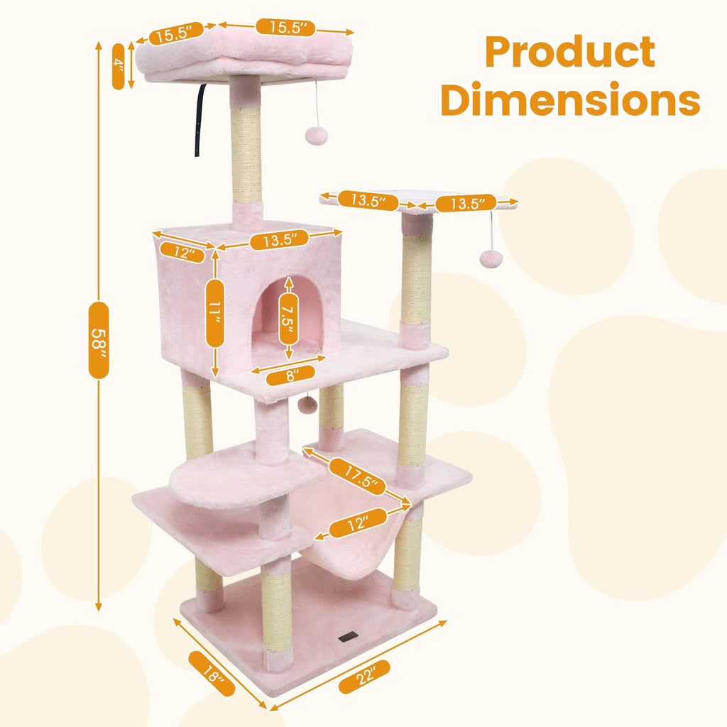 58 Inch Pink Cat Tree with Upholstered Top Perch, Condo and 17.5 Inch Hammock