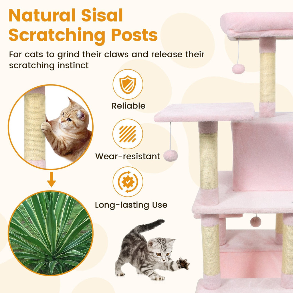 58 Inch Pink Cat Tree with Upholstered Top Perch, Condo and 17.5 Inch Hammock