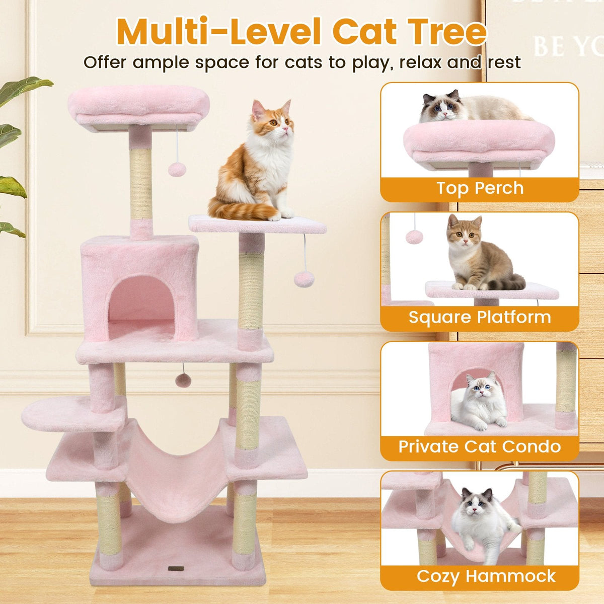 58 Inch Pink Cat Tree with Upholstered Top Perch, Condo and 17.5 Inch Hammock