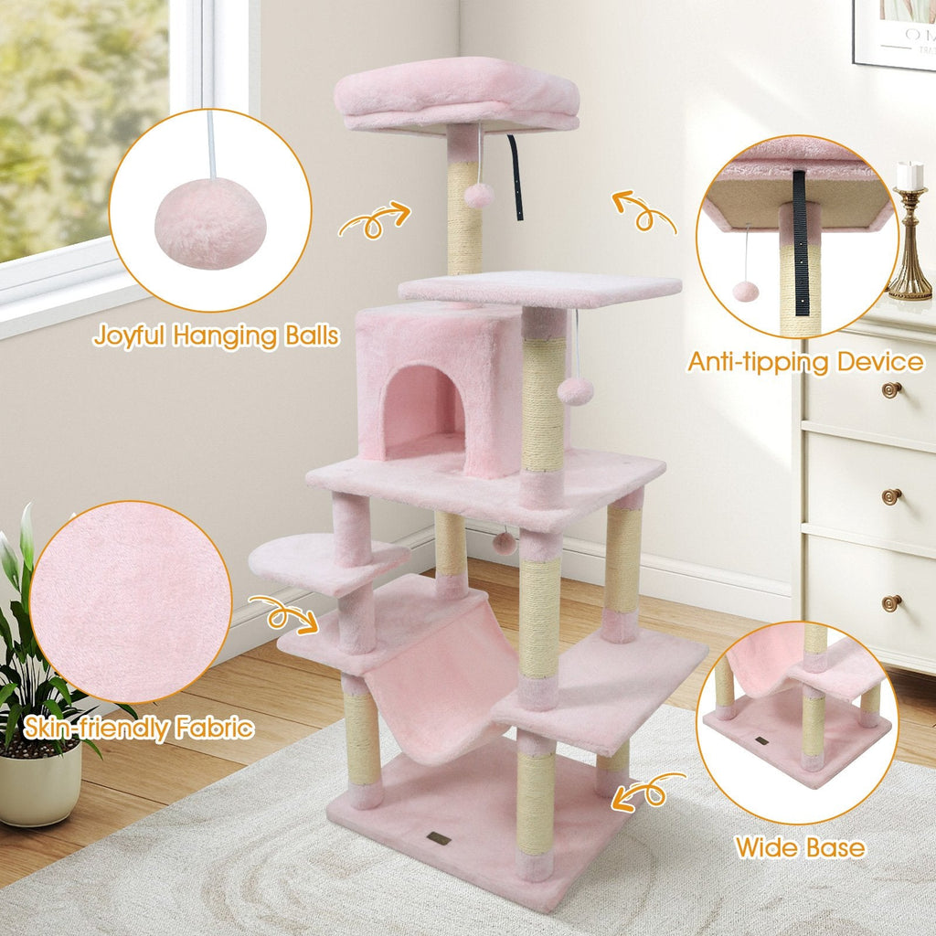 58 Inch Pink Cat Tree with Upholstered Top Perch, Condo and 17.5 Inch Hammock