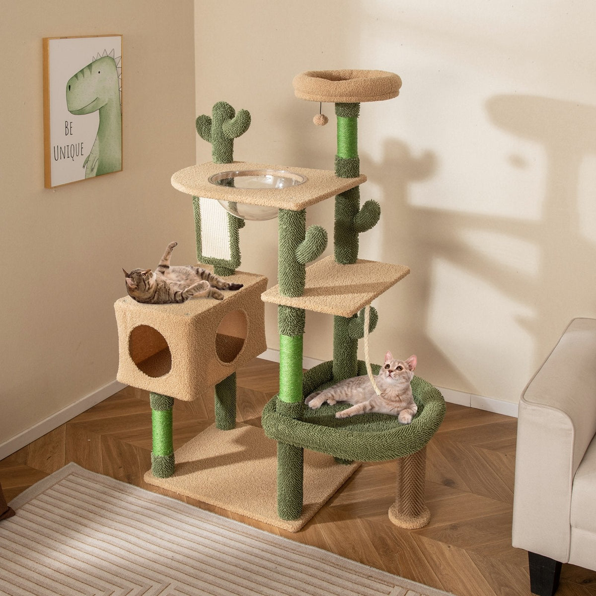 59 Inch Cactus Cat Tree with Space Capsule, Condo, Self Groomer and Sisal Mat, Green