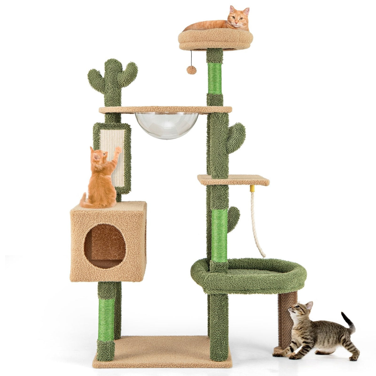 59 Inch Cactus Cat Tree with Space Capsule, Condo, Self Groomer and Sisal Mat, Green