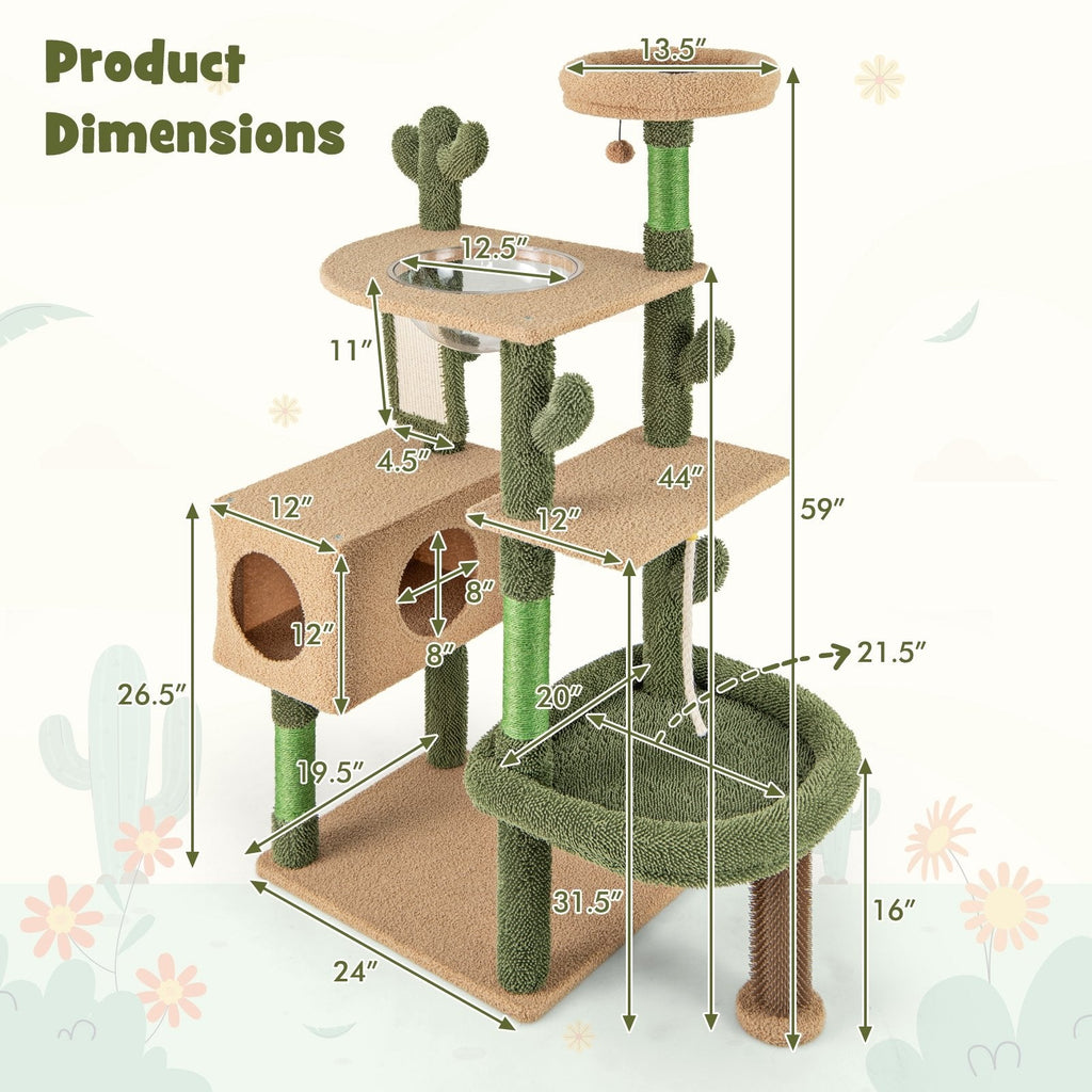59 Inch Cactus Cat Tree with Space Capsule, Condo, Self Groomer and Sisal Mat, Green