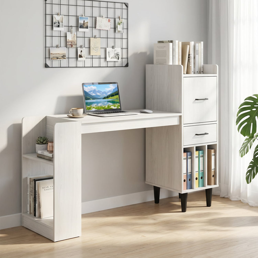 59 inches Home Office Desk with Side Storage Shelves and Drawer Cabinets for Bedroom-White