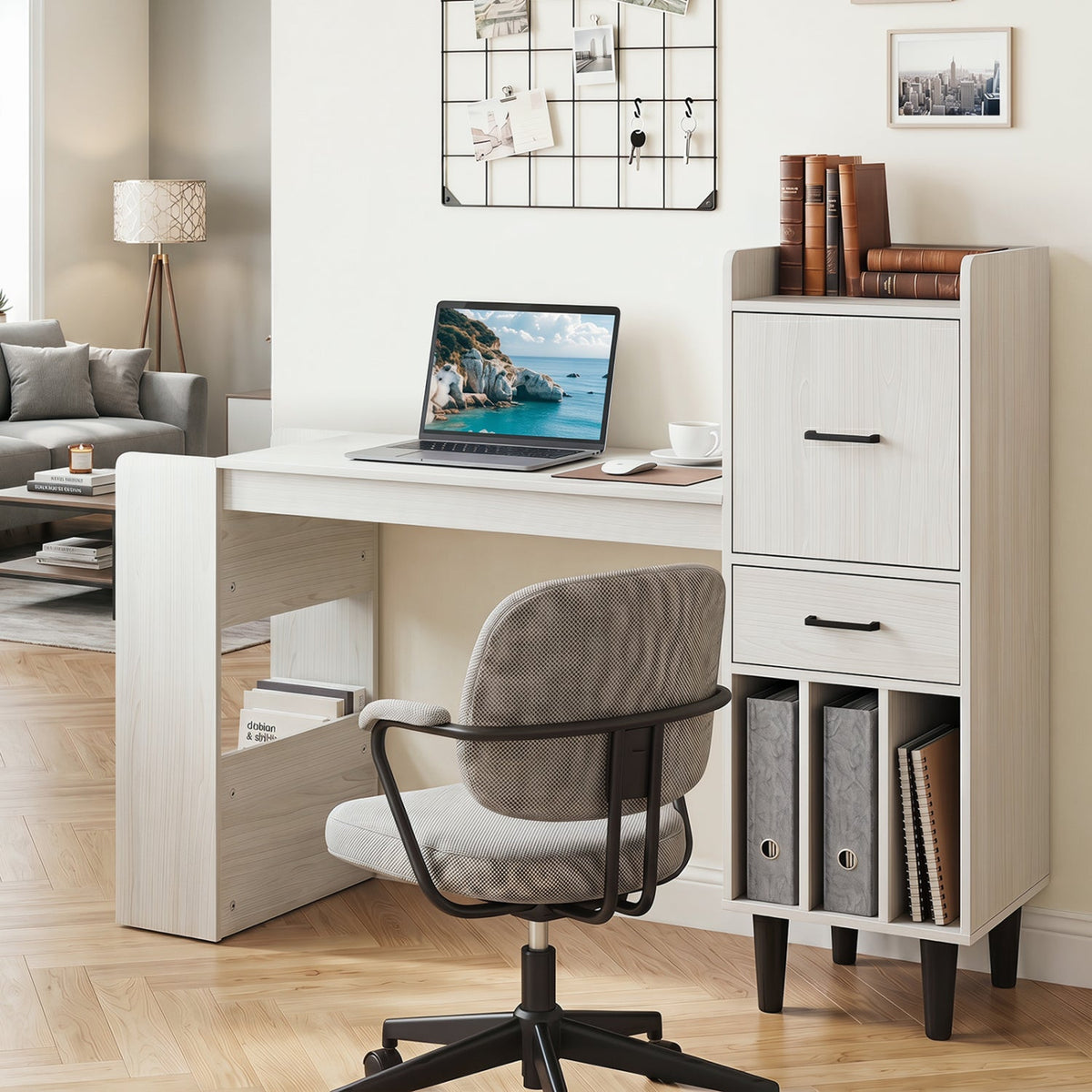 59 inches Home Office Desk with Side Storage Shelves and Drawer Cabinets for Bedroom-White