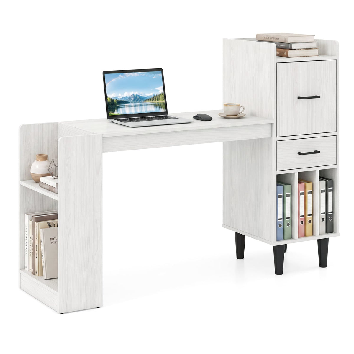 59 inches Home Office Desk with Side Storage Shelves and Drawer Cabinets for Bedroom-White