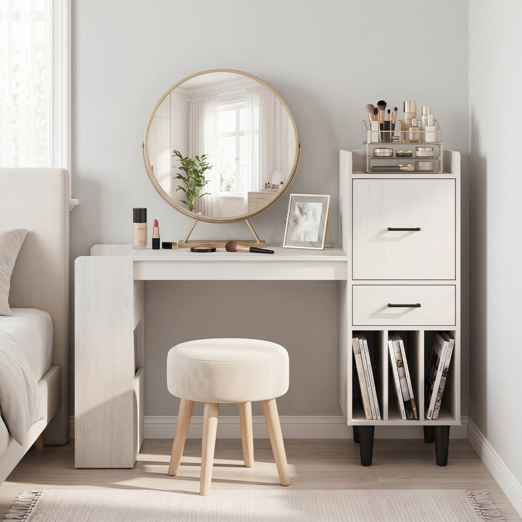 59 inches Home Office Desk with Side Storage Shelves and Drawer Cabinets for Bedroom-White
