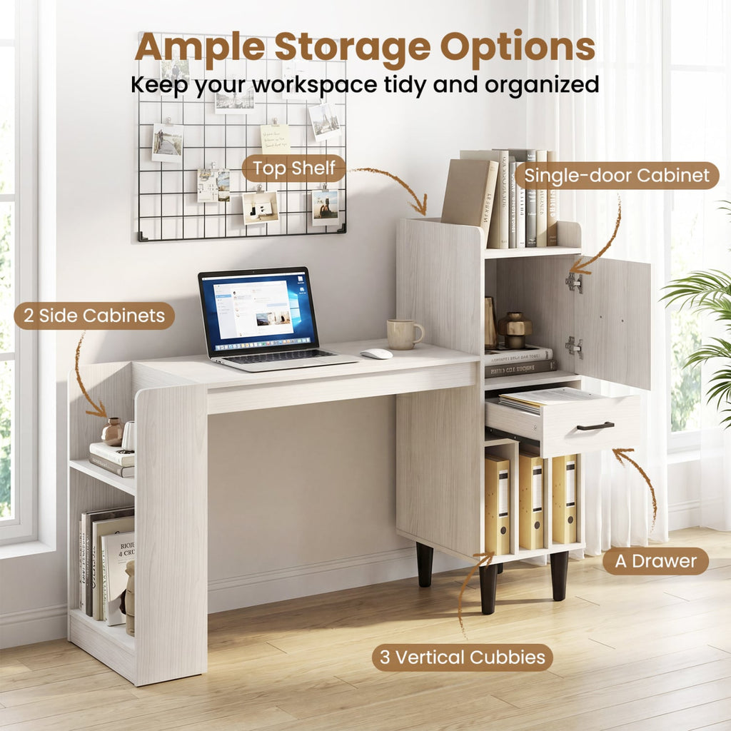 59 inches Home Office Desk with Side Storage Shelves and Drawer Cabinets for Bedroom-White