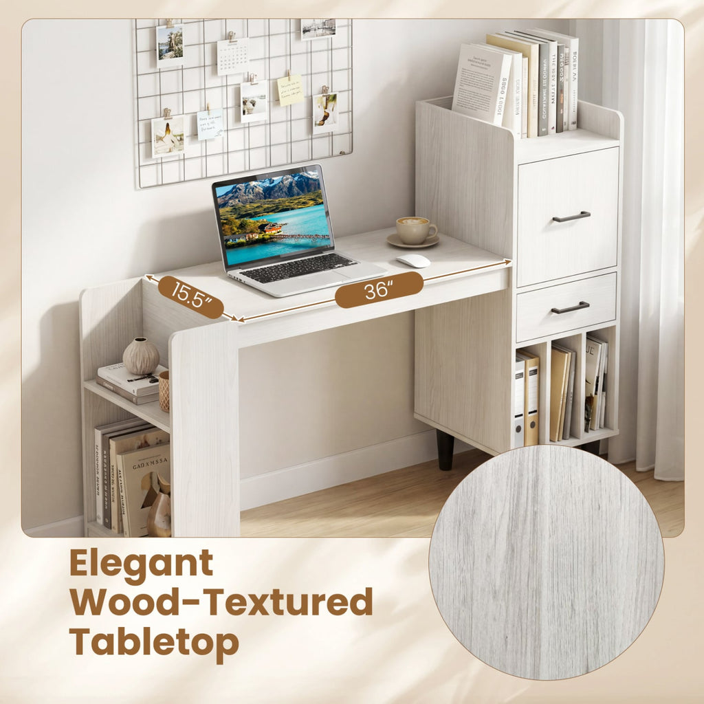 59 inches Home Office Desk with Side Storage Shelves and Drawer Cabinets for Bedroom-White