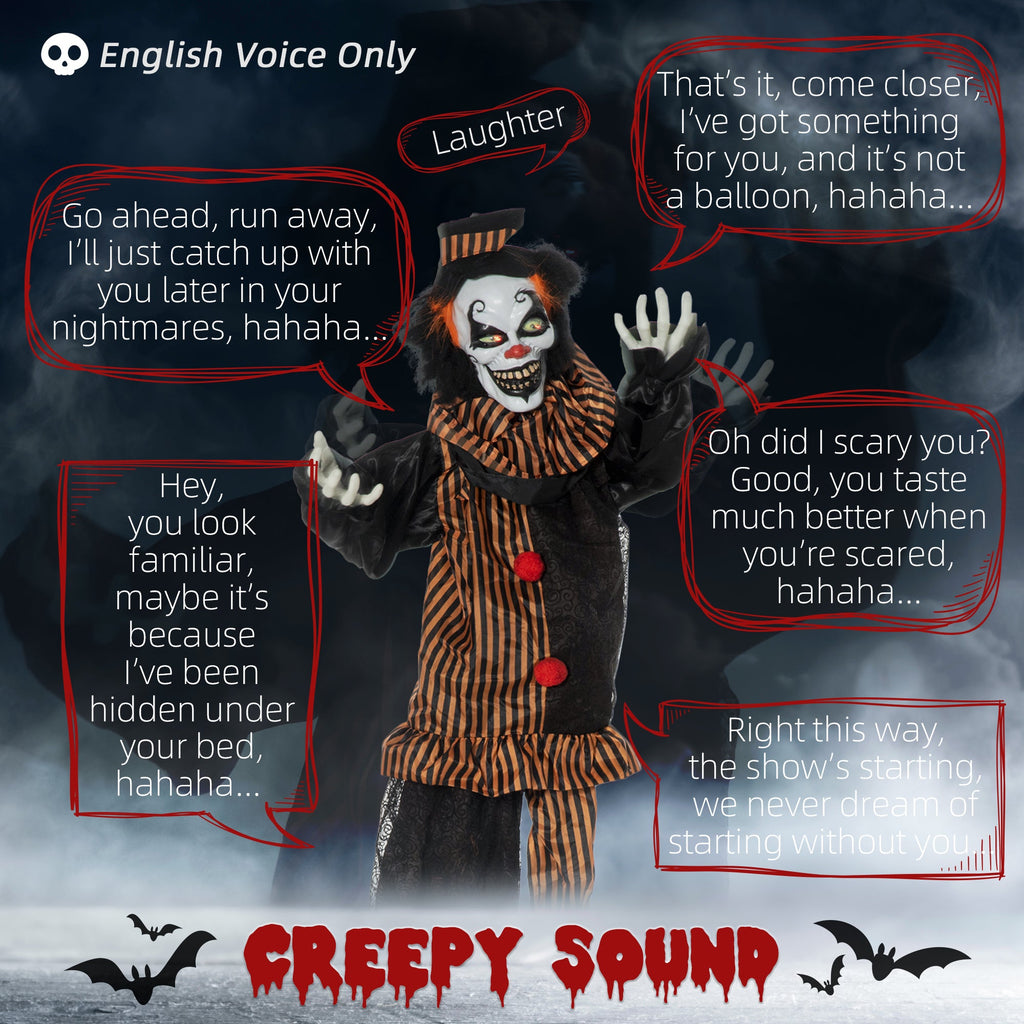 5.6' Life Size Clown Outdoor Halloween Decoration Animatronic, Animated Prop w/ Light Up Eyes