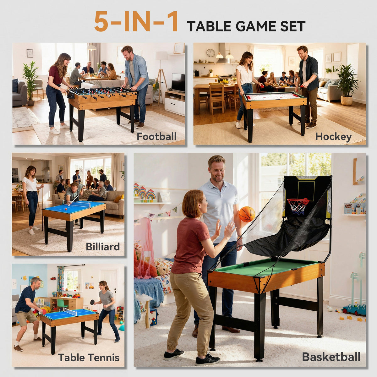 53 in 5-in-1 Combo Multi Game Table with Foosball, Pool, Hockey, Table Tennis, Basketball for Adults