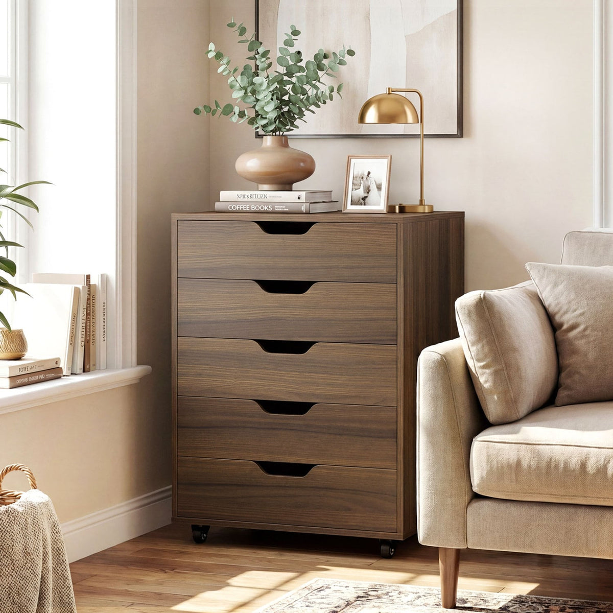 5 Drawer Mobile File Cabinet with Wheels for Living Room-Walnut