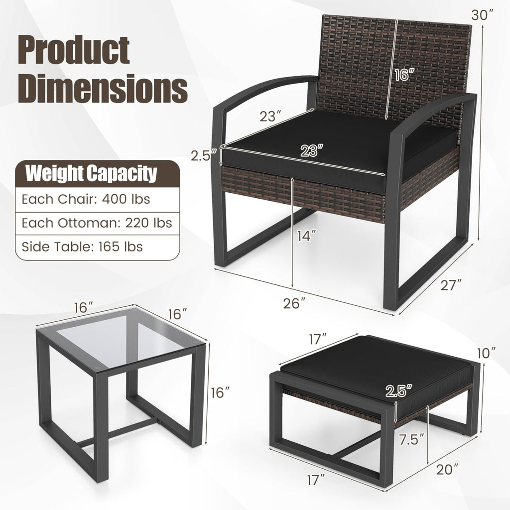 5 Piece Wicker Patio Chair Set with 2 Ottomans and Glass Side Table, Black