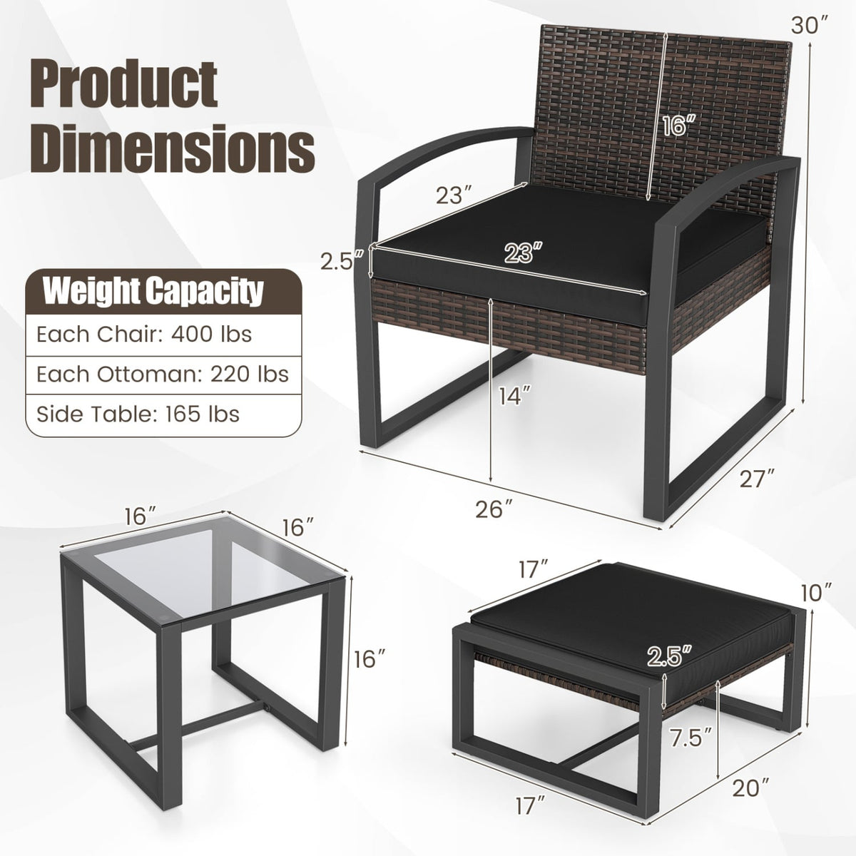 5 Piece Wicker Patio Chair Set with 2 Ottomans and Glass Side Table, Black