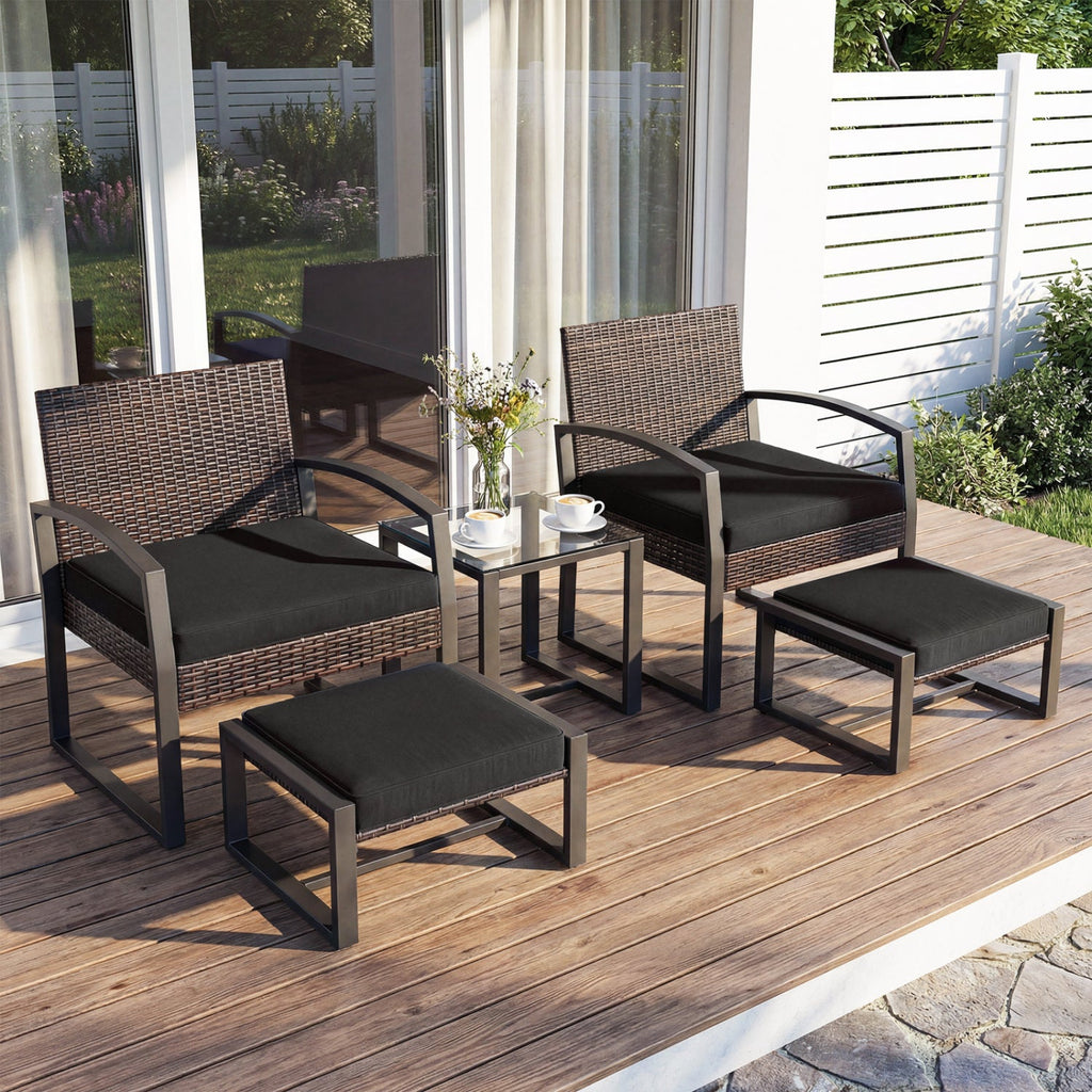 5 Piece Wicker Patio Chair Set with 2 Ottomans and Glass Side Table, Black