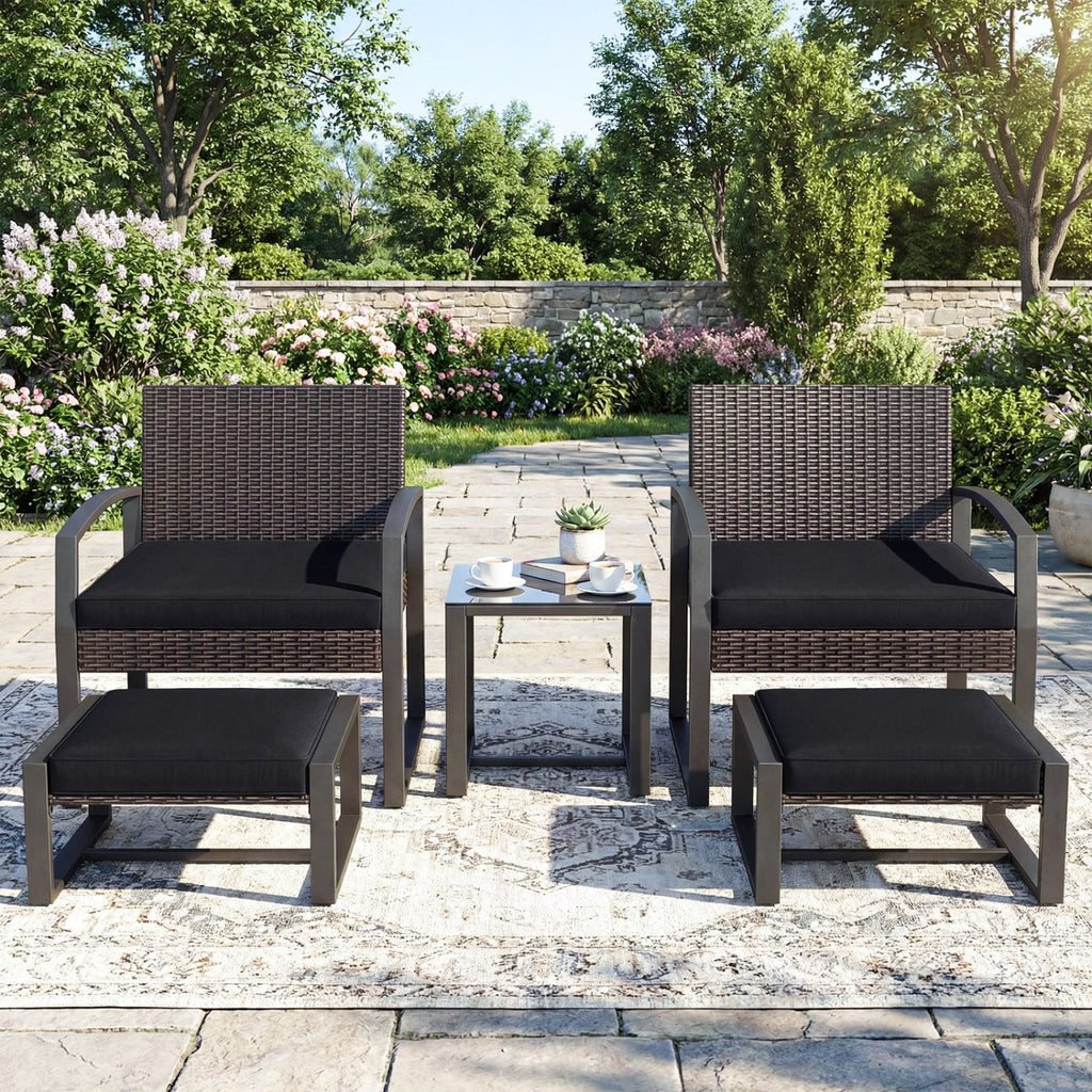 5 Piece Wicker Patio Chair Set with 2 Ottomans and Glass Side Table, Black