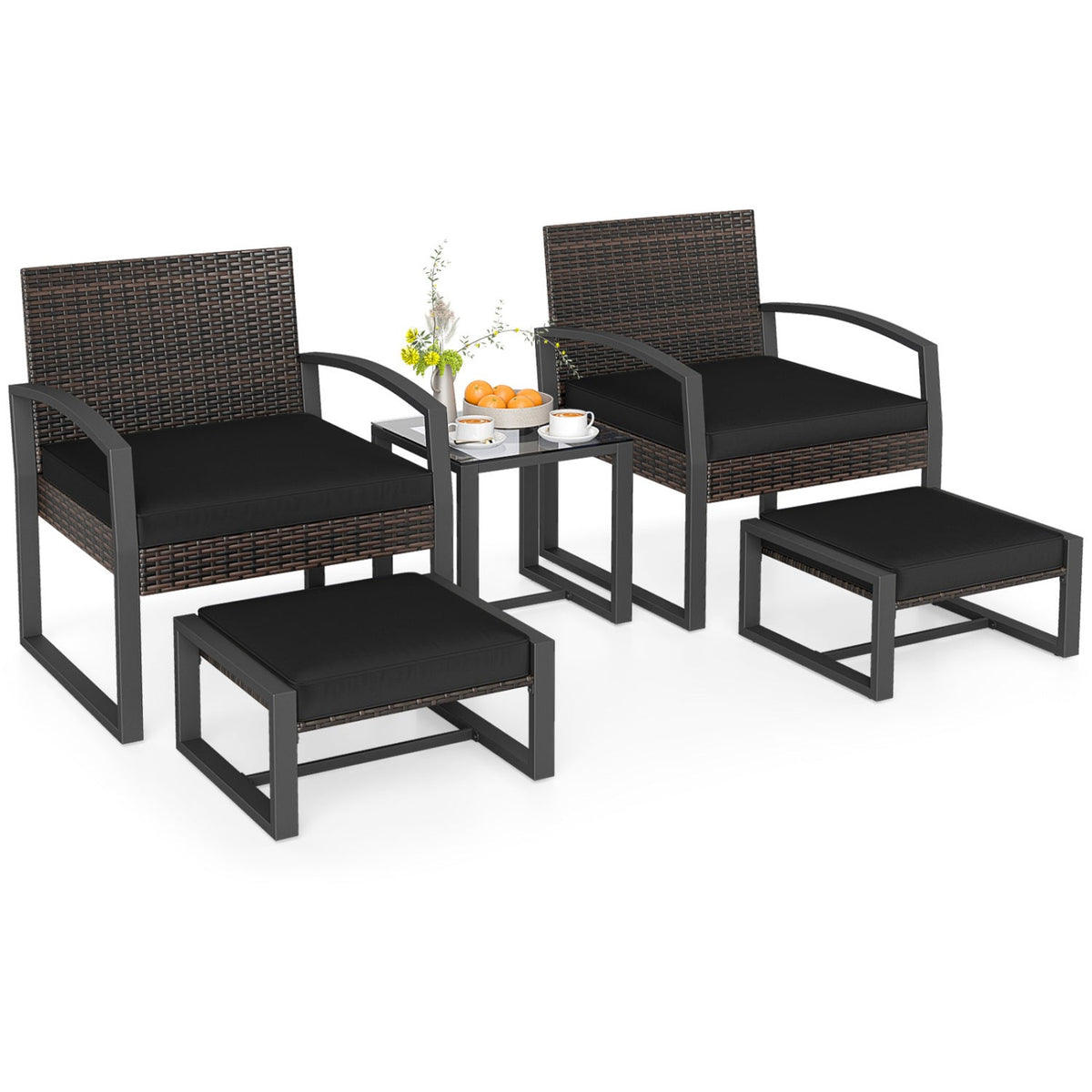 5 Piece Wicker Patio Chair Set with 2 Ottomans and Glass Side Table, Black