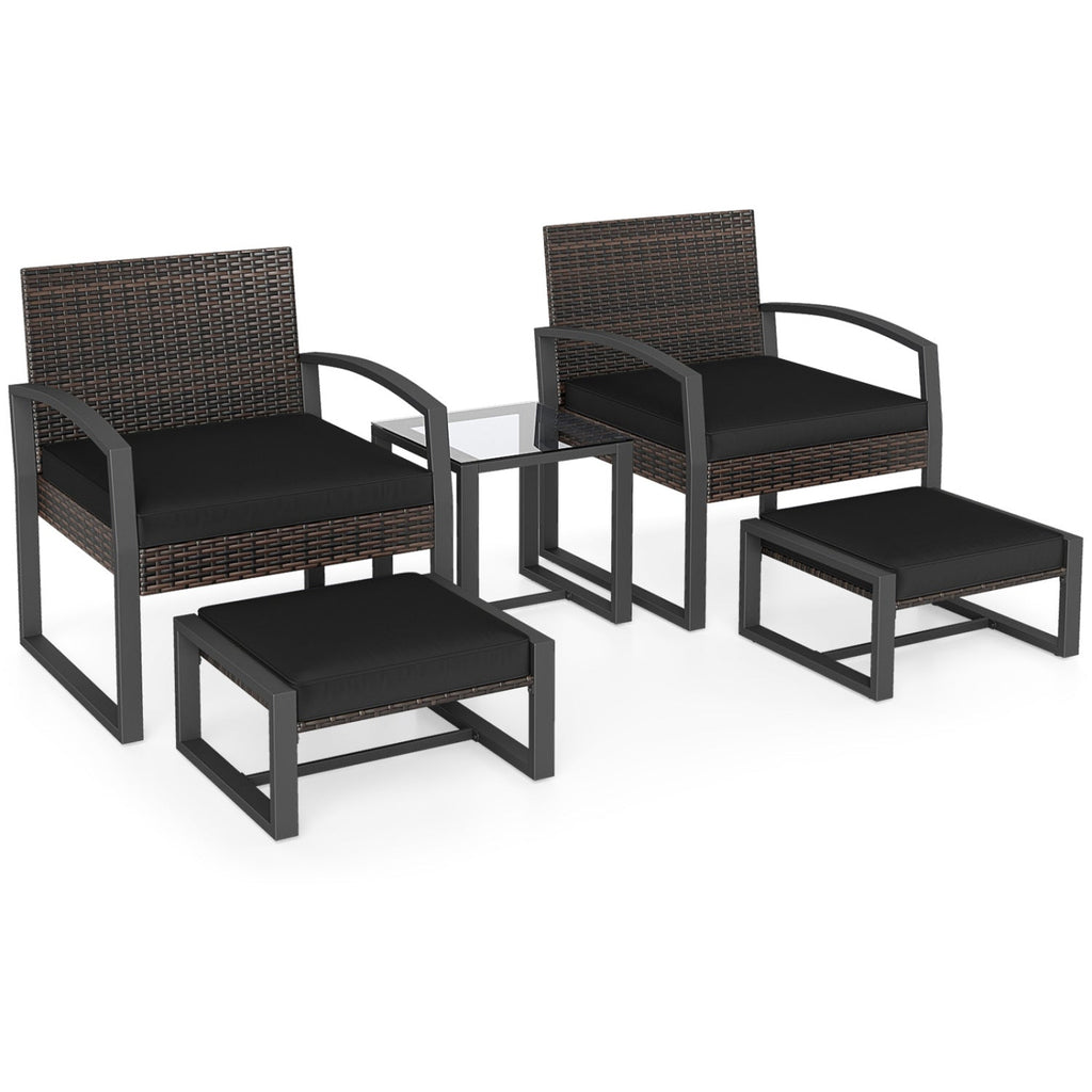 5 Piece Wicker Patio Chair Set with 2 Ottomans and Glass Side Table, Black