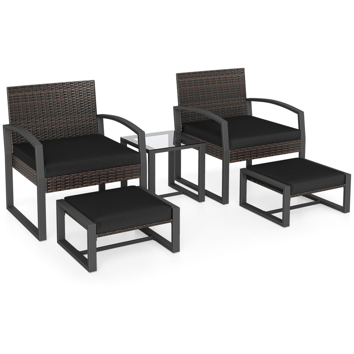 5 Piece Wicker Patio Chair Set with 2 Ottomans and Glass Side Table, Black