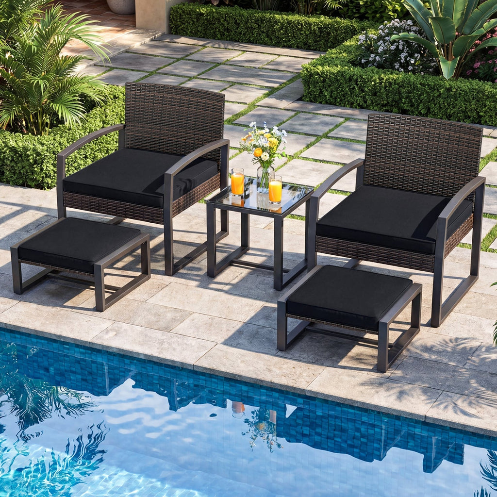 5 Piece Wicker Patio Chair Set with 2 Ottomans and Glass Side Table, Black