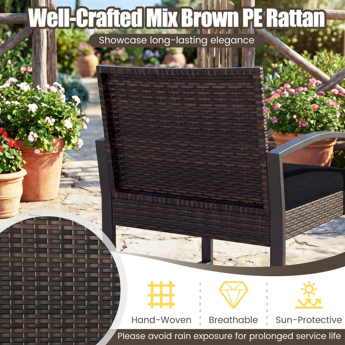 5 Piece Wicker Patio Chair Set with 2 Ottomans and Glass Side Table, Black