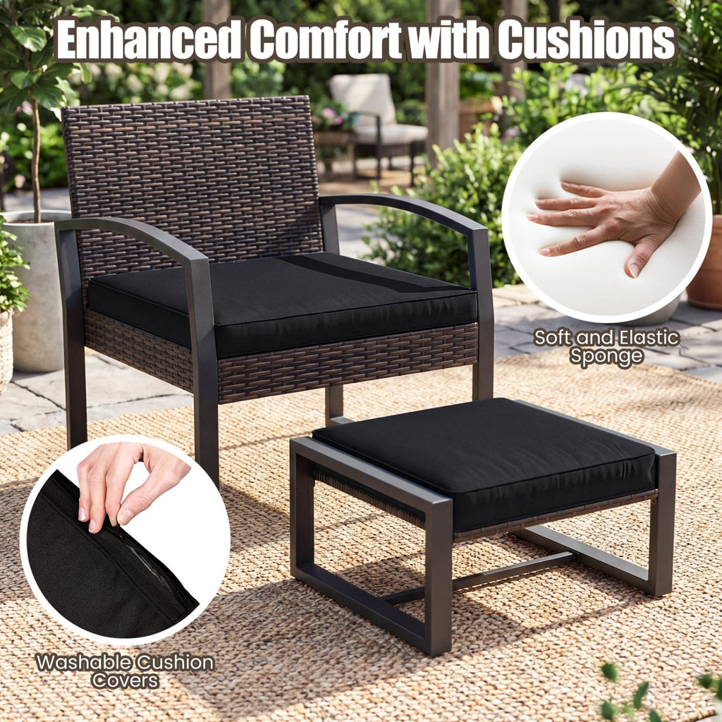 5 Piece Wicker Patio Chair Set with 2 Ottomans and Glass Side Table, Black