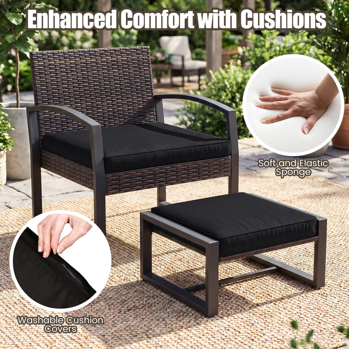 5 Piece Wicker Patio Chair Set with 2 Ottomans and Glass Side Table, Black