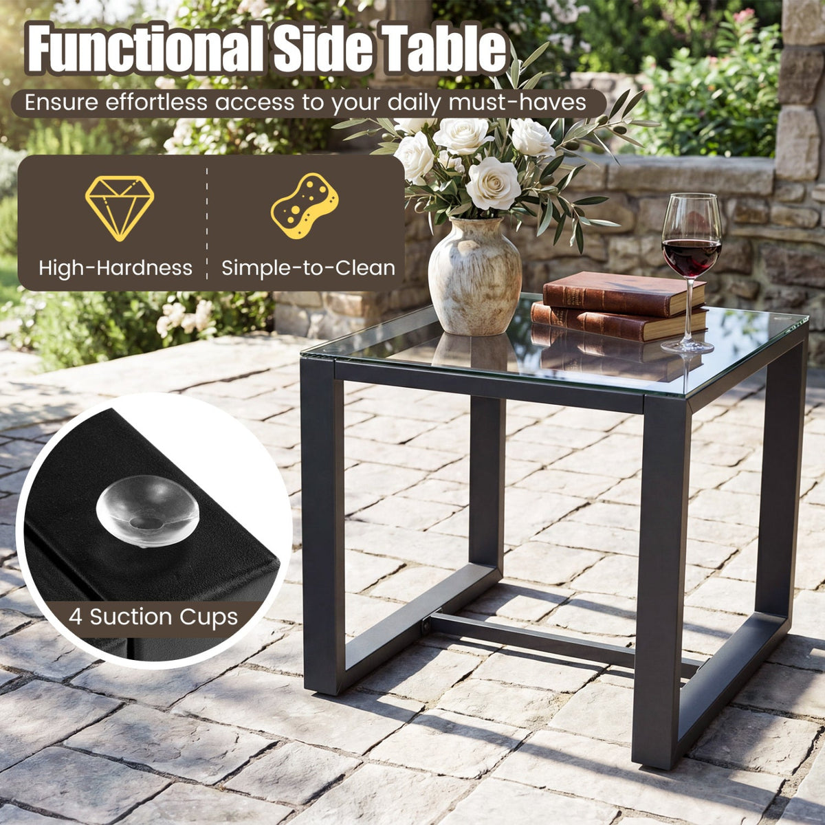 5 Piece Wicker Patio Chair Set with 2 Ottomans and Glass Side Table, Black