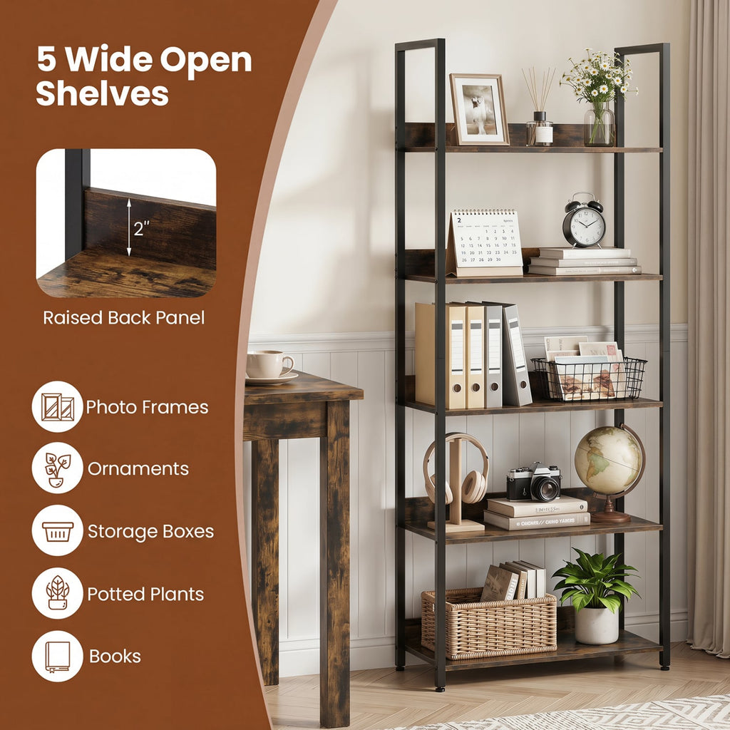 5-Tier Bookshelf Tall Wooden Open Bookcase with Back Panels-Rustic Brown
