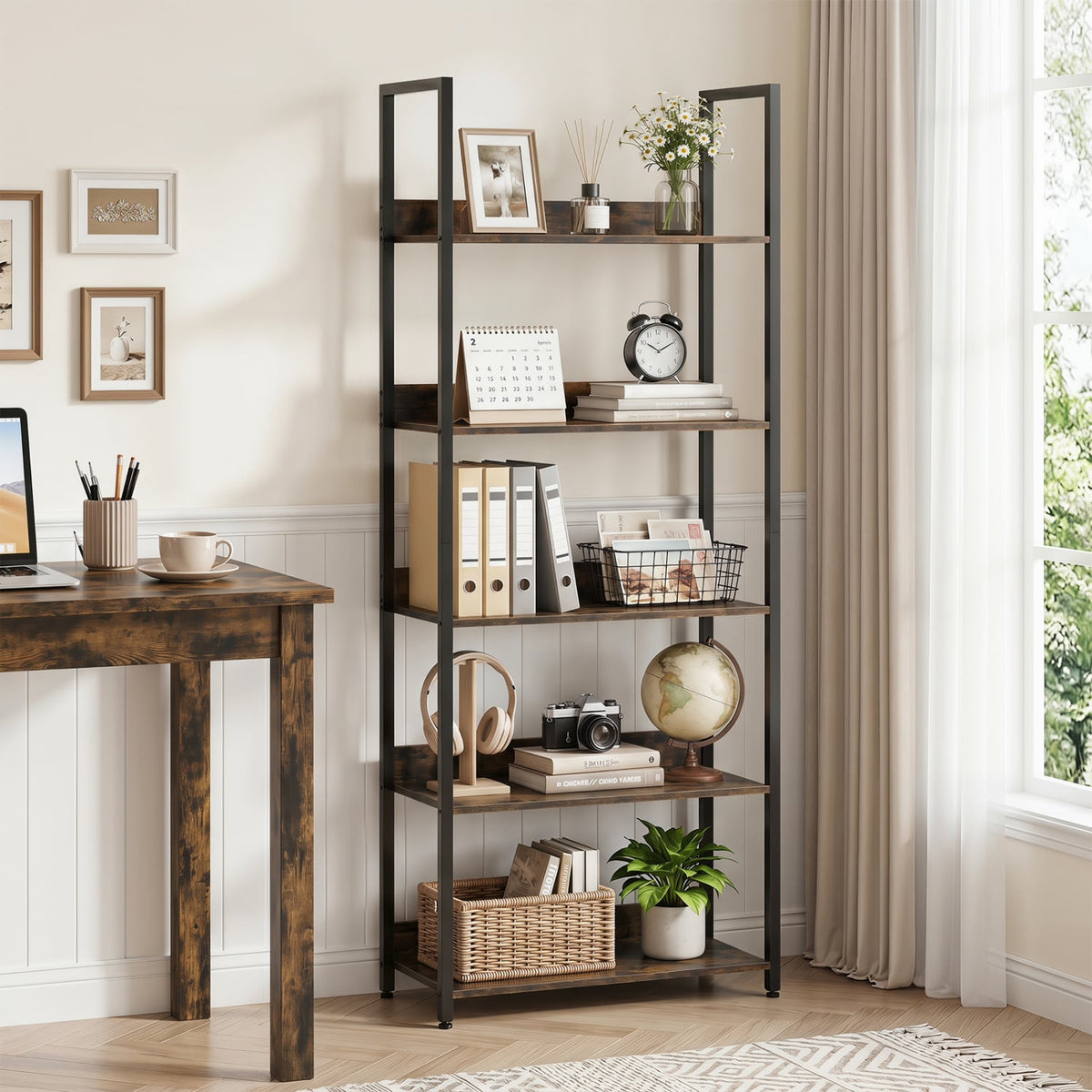5-Tier Bookshelf Tall Wooden Open Bookcase with Back Panels-Rustic Brown