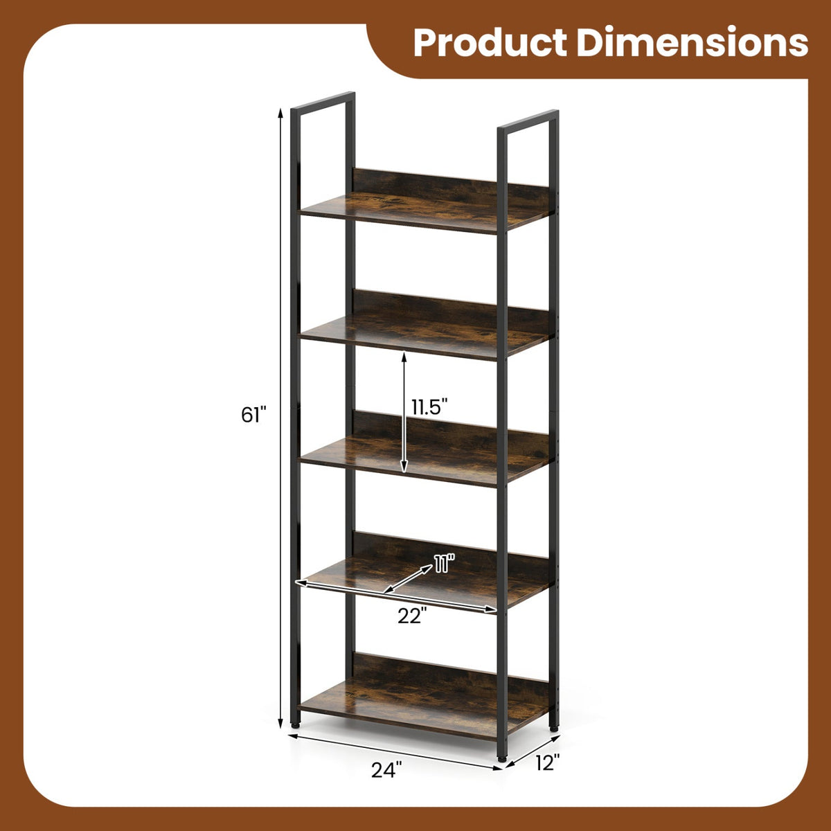 5-Tier Bookshelf Tall Wooden Open Bookcase with Back Panels-Rustic Brown