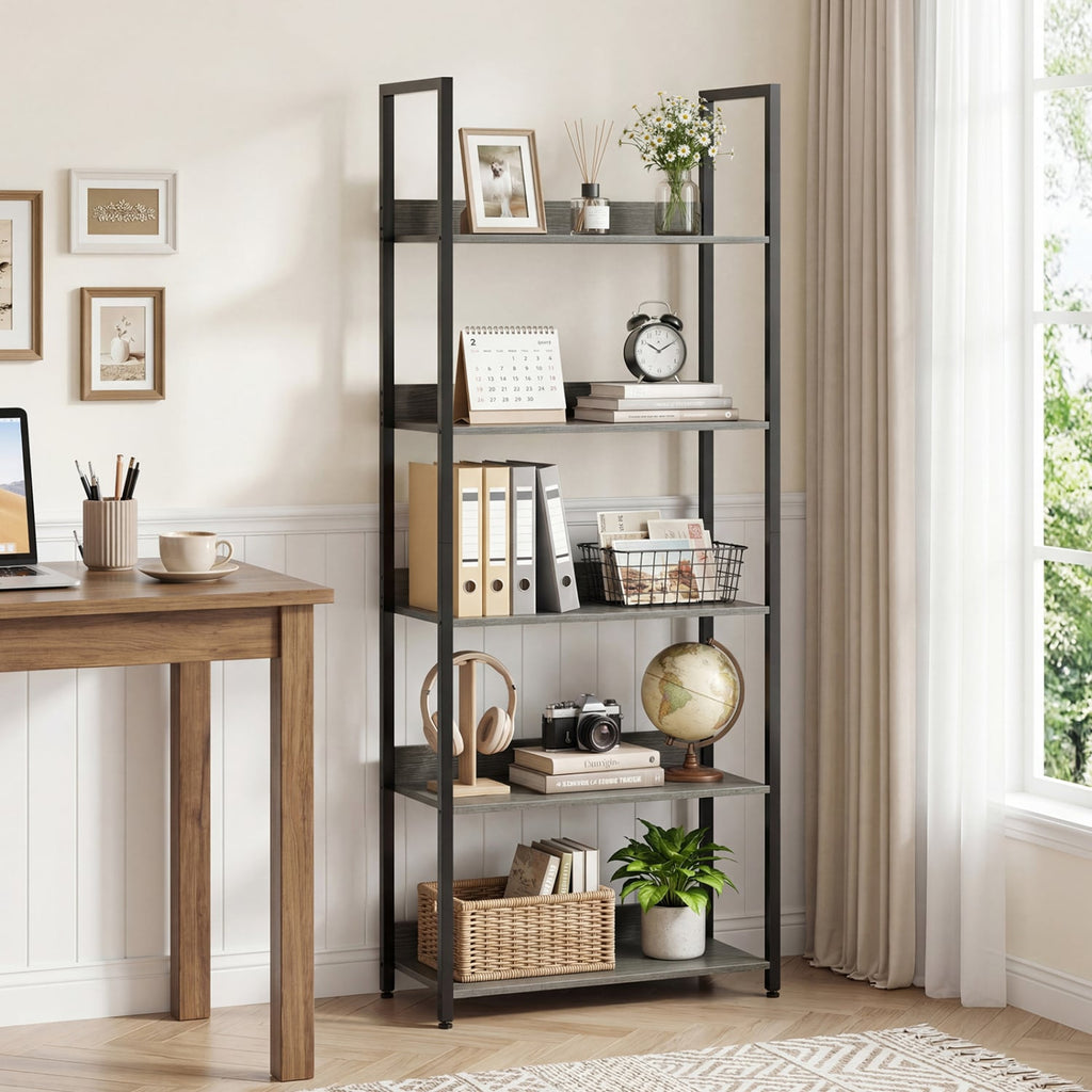 5-Tier Bookshelf Tall Wooden Open Bookcase with Back Panels-Oak