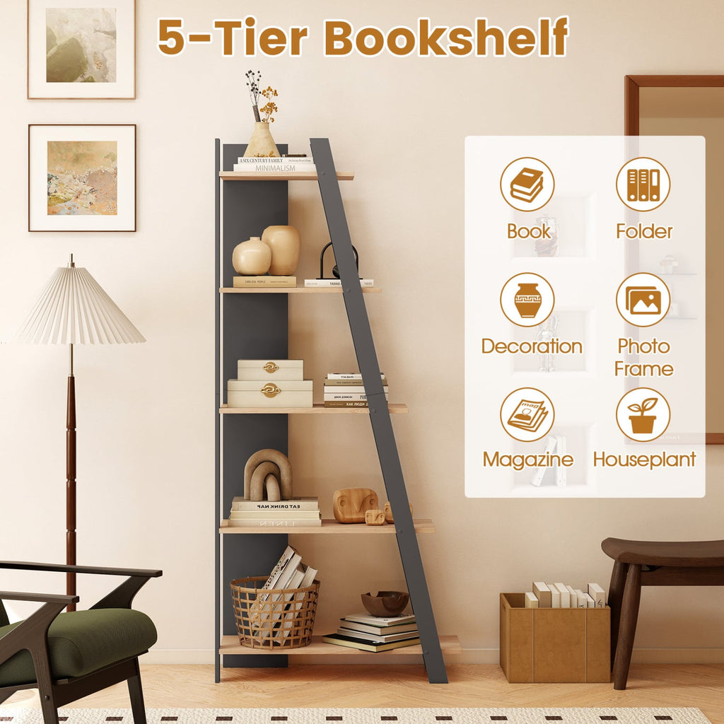 5-Tier Modern Bookshelf Narrow Vertical Display Shelf for Small Space-Gray