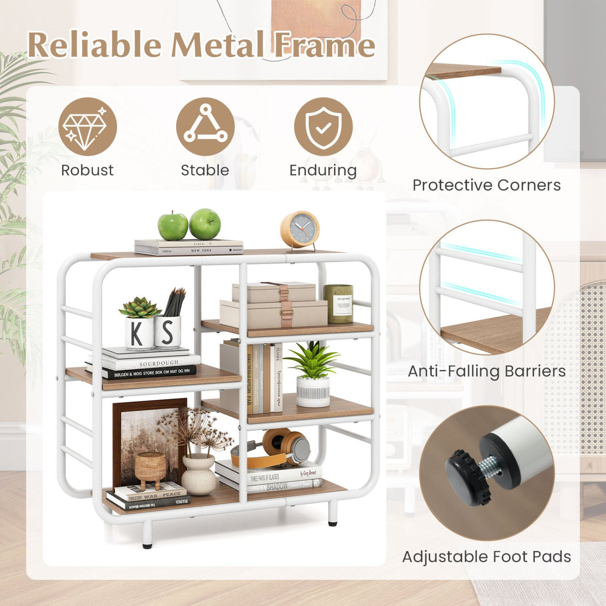 5-Tier Storage Organizer Open Book Shelf with Metal Frame-Natural